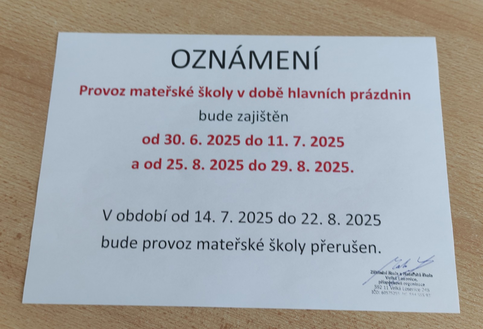Oznámení o provozu MŠ o hlavních prázdninách