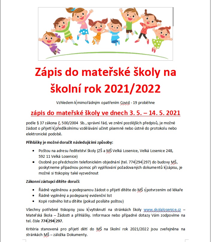 Zápis do mateřské školy na školní rok 2021/2022